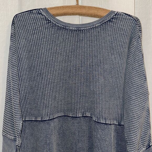 fp XS One Jolene Waffle Knit Stone Washed Blue Tiered Long Sleeve Dress - Picture 7 of 16